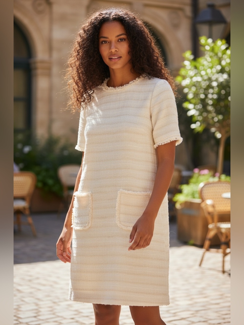 Sarah Campbell Cream Textured Mini Dress Women’s XS Pockets